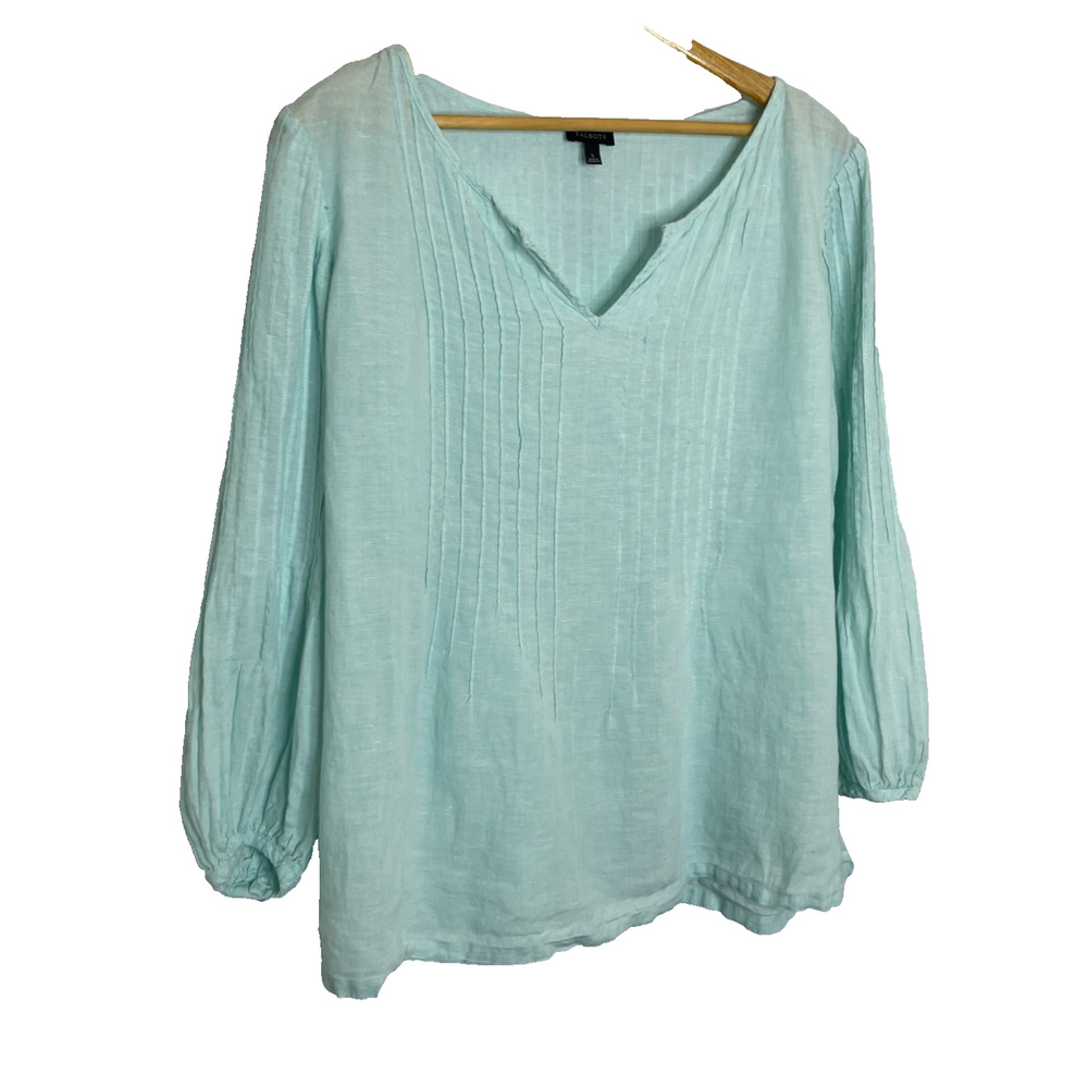 Women's Large Talbots 100% Linen Teal Blue Pleated Blouse Lightweight - Picture 2 of 5